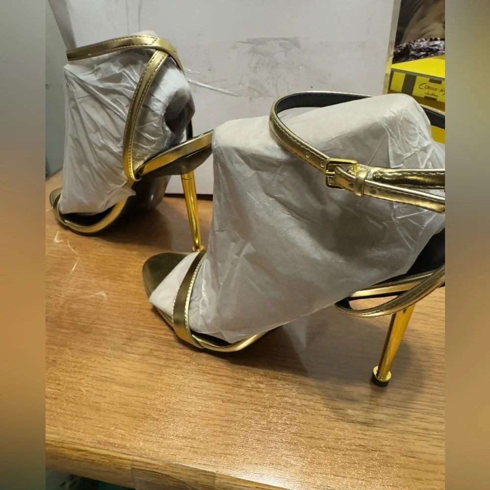 Nine West Women's Gold Reina Ankle Strap High Stiletto Heel Sandals sz 10 New!
